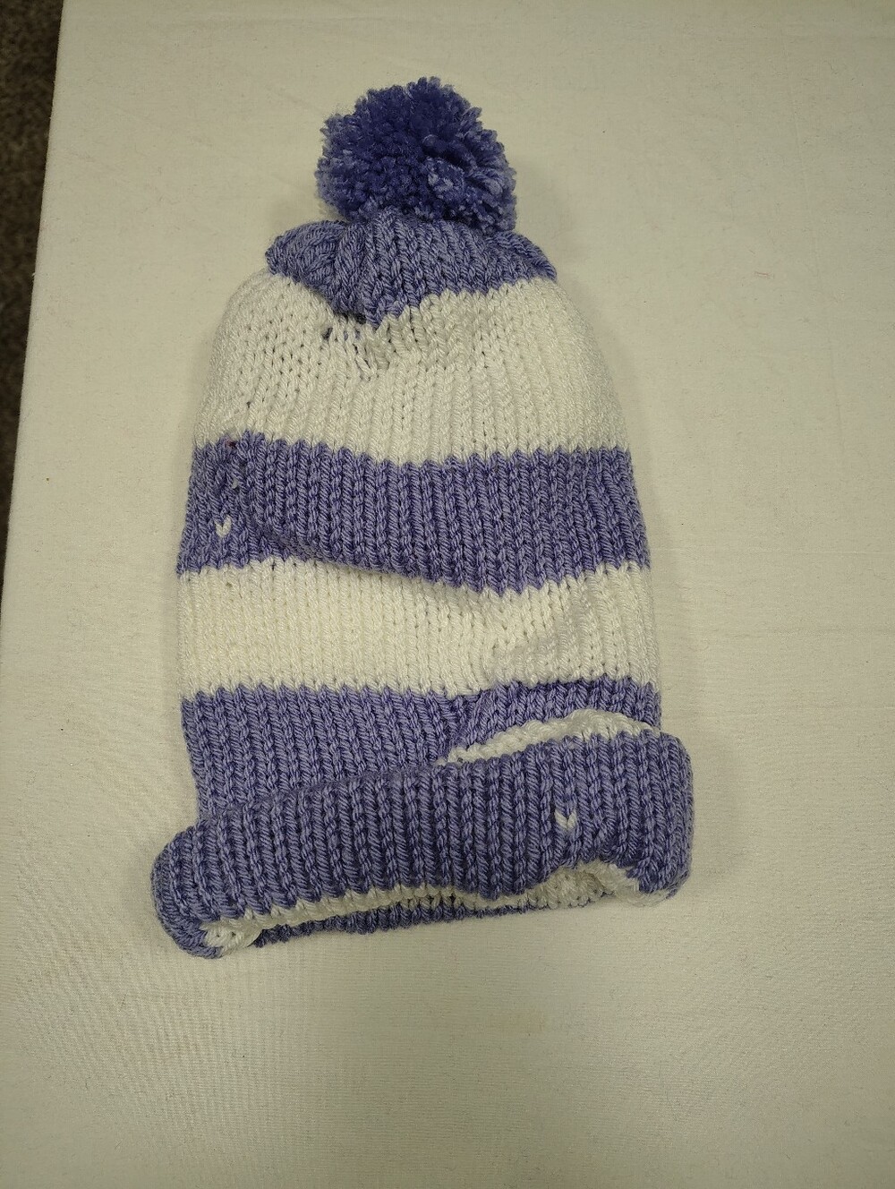Striped Pom Pom Beanie Hat - Purple & White